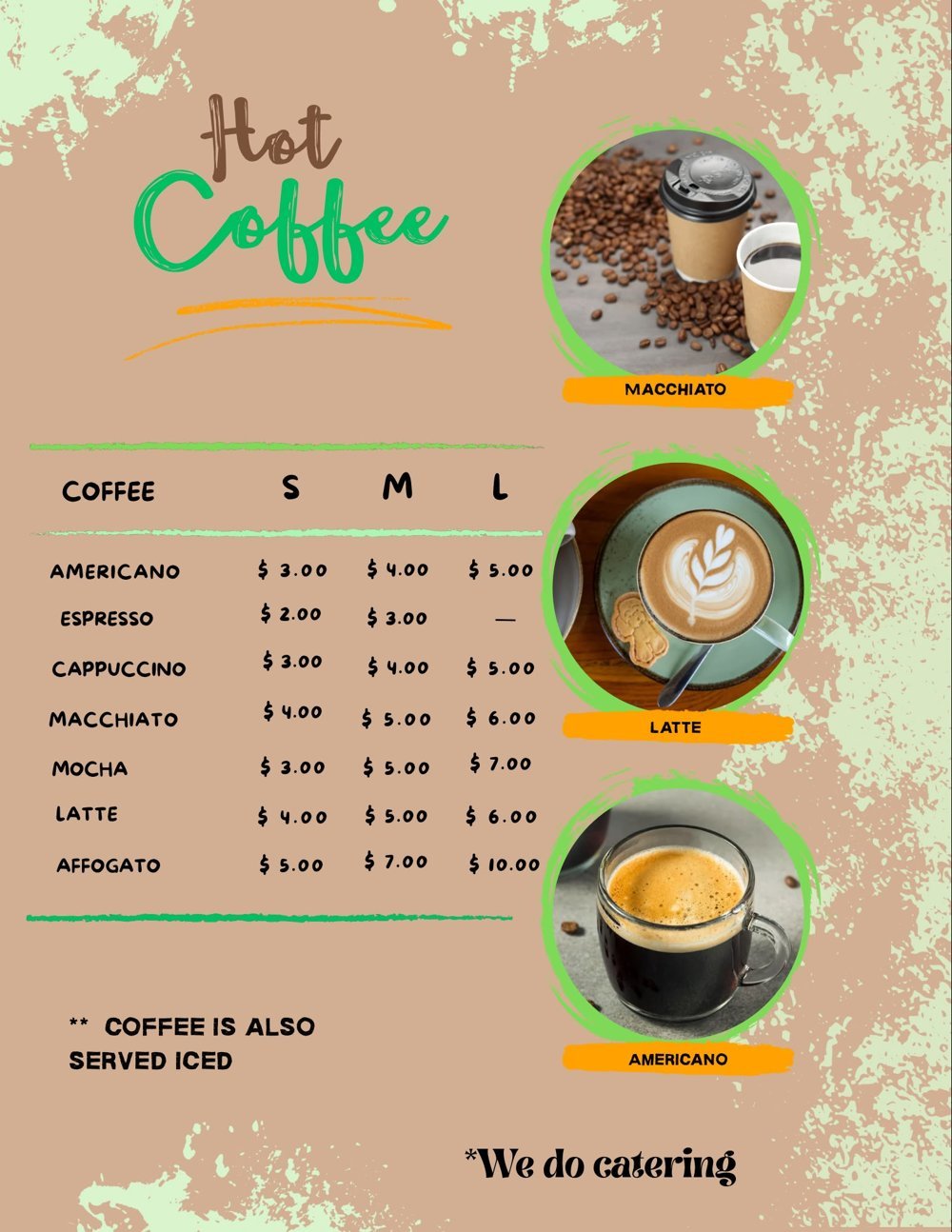 Hot Coffee menu